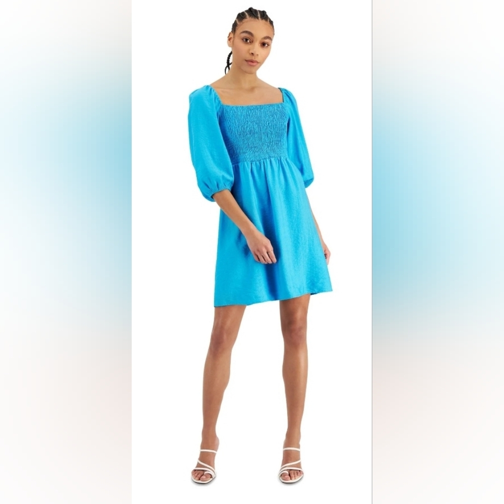 New Bar III Women's Smocked Knee-Length Blue Atoll Shift Dress